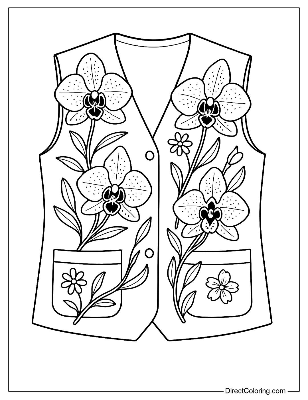A vest coloring page made from bee orchid motifs, with small petal-shaped pockets